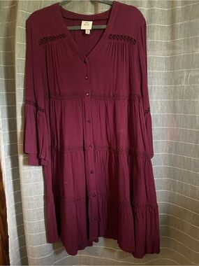 Knox Rose Burgundy Long-Sleeve Tiered Button-Front Dress